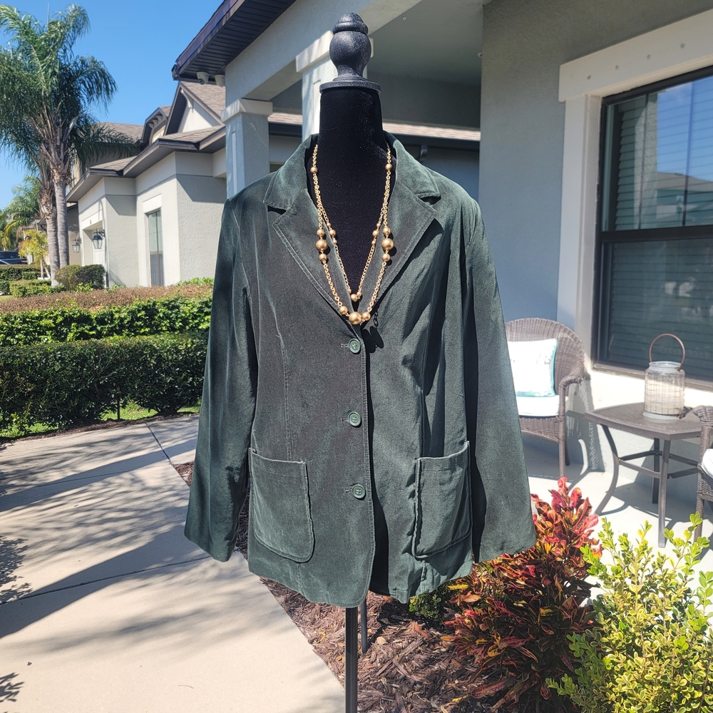 Forest Green Velvet Blazer Women’s Medium Button Front Tailored Jacket Velour